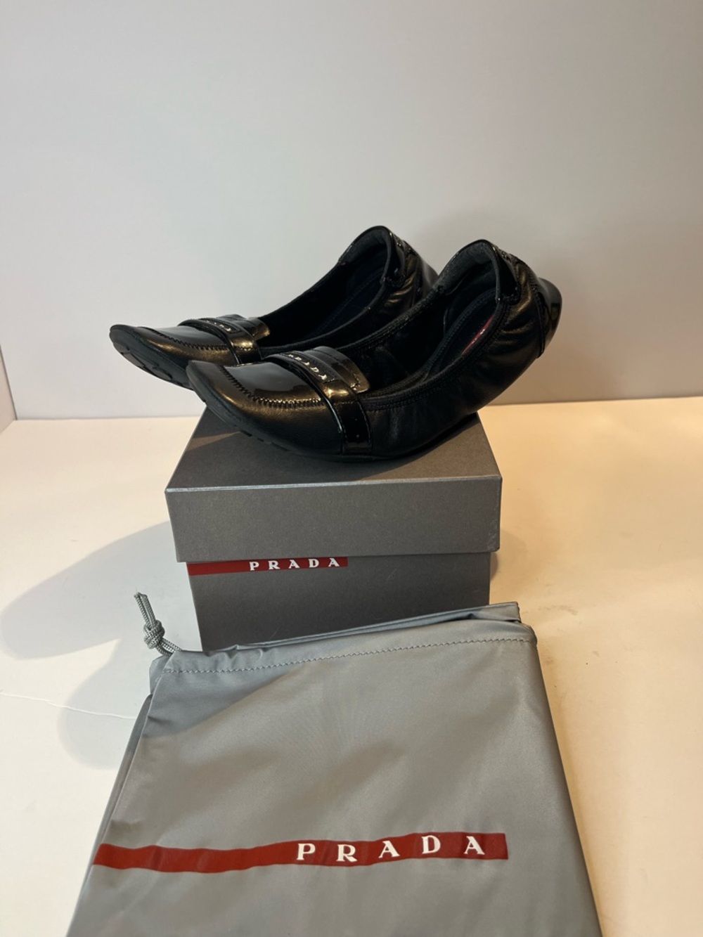 Prada Black Patent Leather Ballet Flats Womens Size 36.5 EU 6.5 US Logo Slip on - Picture 12 of 12
